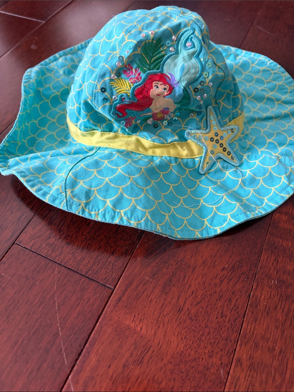 Disney Little Girls Blue Ariel Mermaid Sun Hat with Yellow Trim